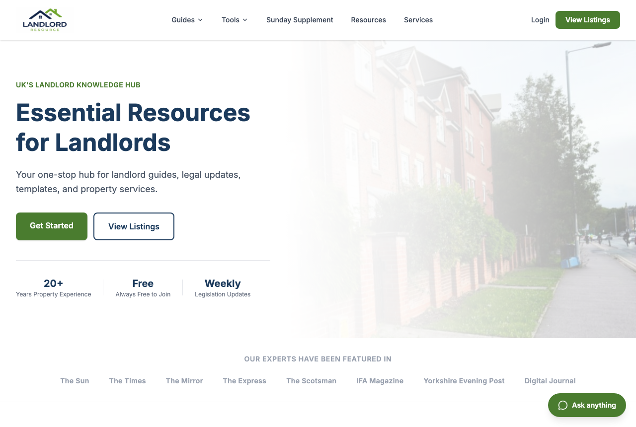 Landlord Resource website homepage